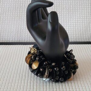 Black Gold Stretch Cha Cha Cluster Textured Disc Bead Bangle Bracelet